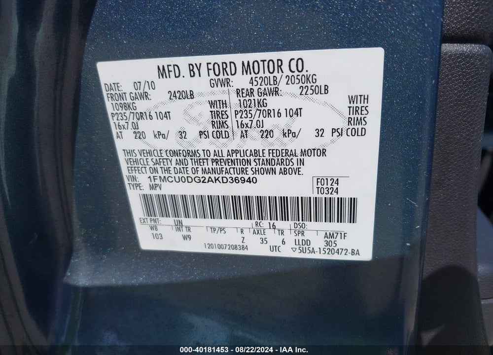 2010 FORD ESCAPE XLT VIN: 1FMCU0DG2AKD36940