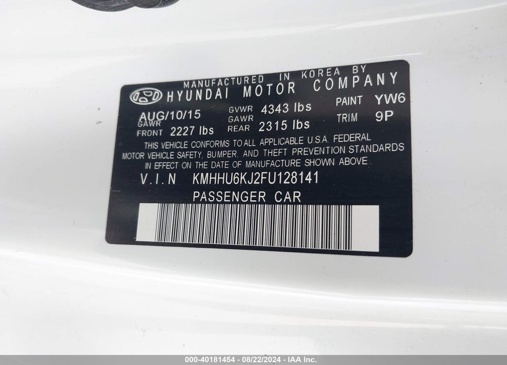 2015 HYUNDAI GENESIS VIN: KMHHU6KJ2FU128141