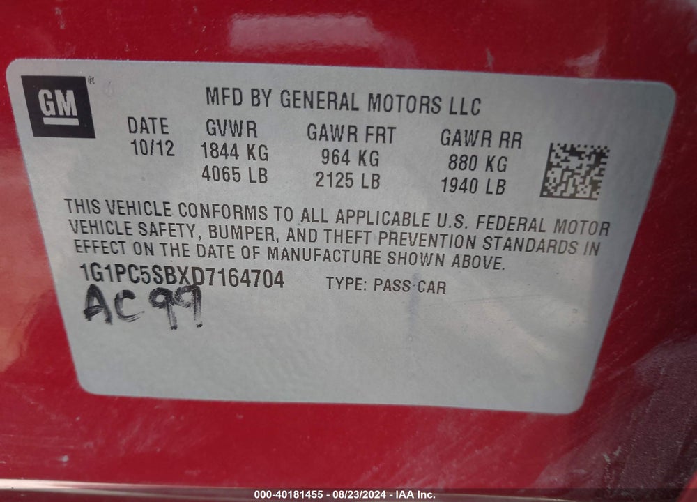 2013 CHEVROLET CRUZE 1LT AUTO VIN: 1G1PC5SBXD7164704