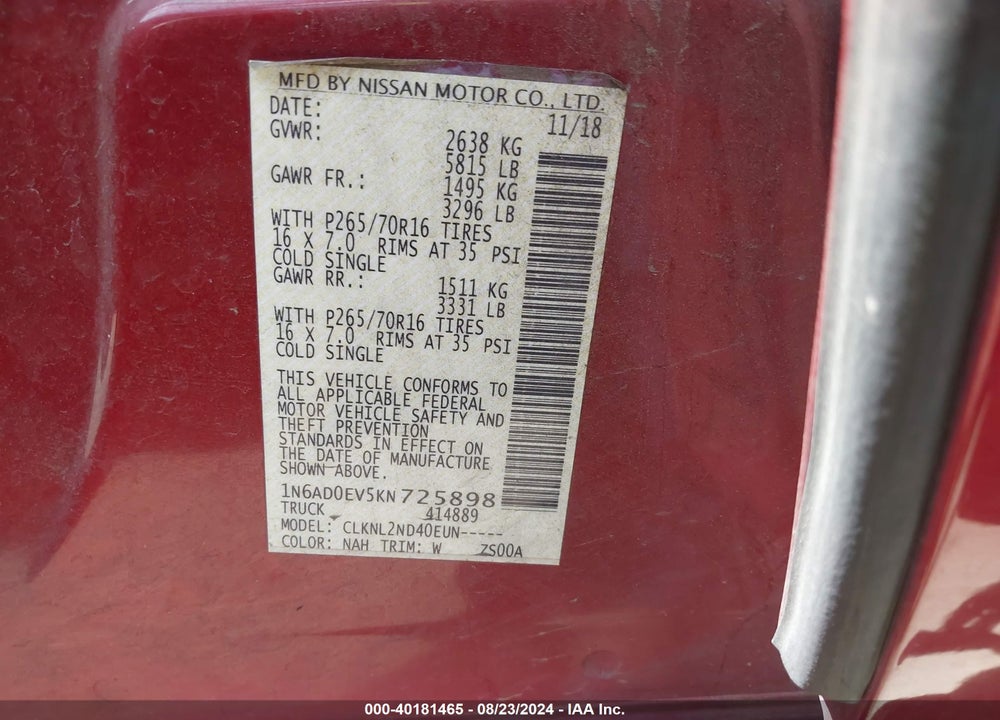 2019 NISSAN FRONTIER SV VIN: 1N6AD0EV5KN725898
