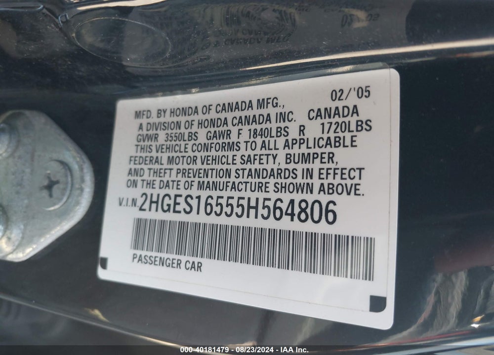2005 HONDA CIVIC LX VIN: 2HGES16555H564806
