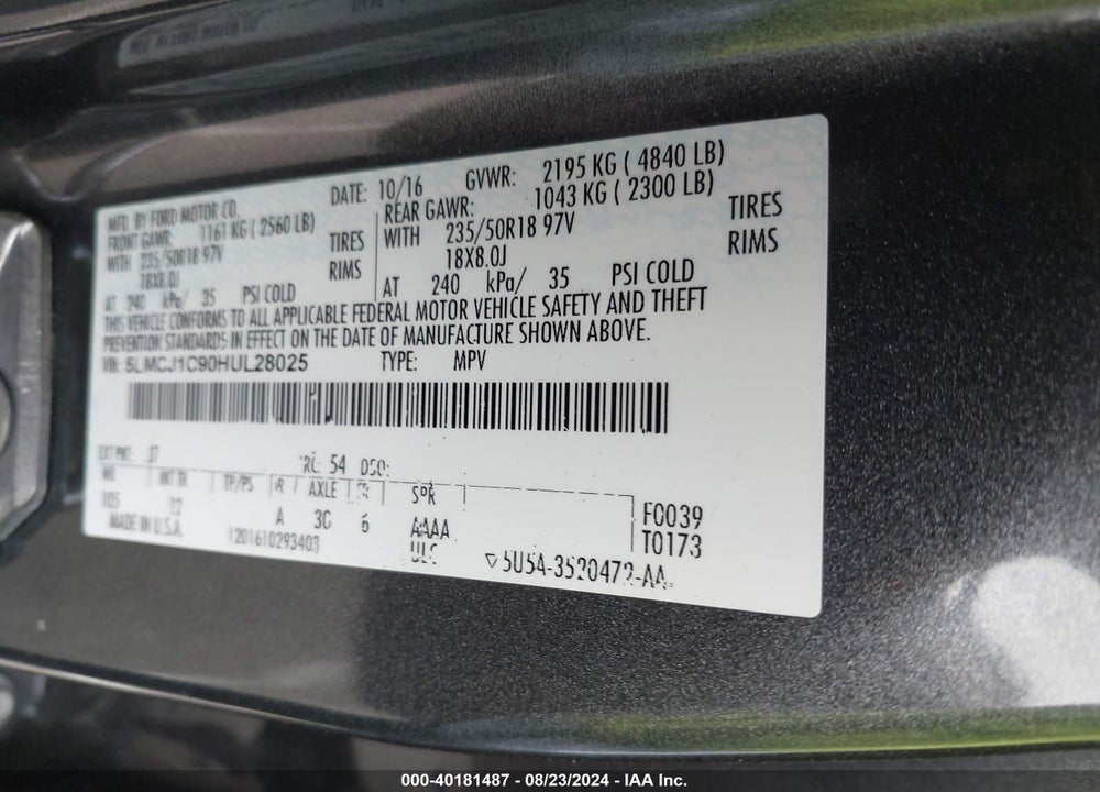2017 LINCOLN MKC VIN: 5LMCJ1C90HUL28025
