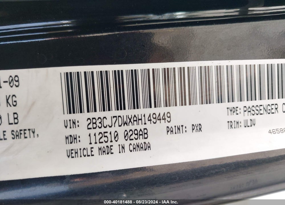 2010 DODGE CHALLENGER SRT8 VIN: 2B3CJ7DWXAH149449