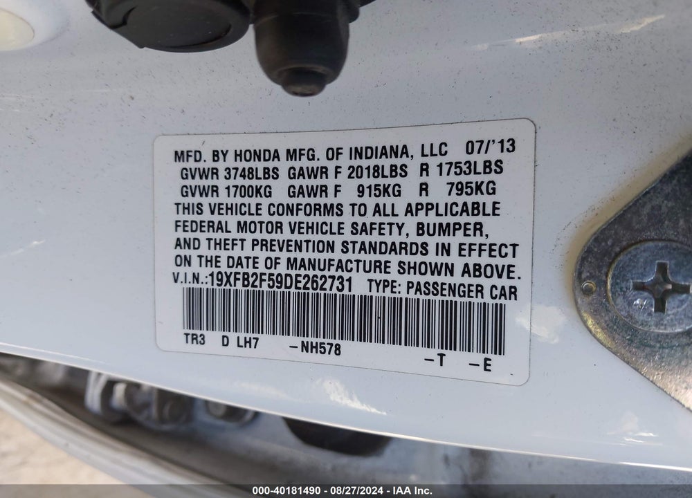 2013 HONDA CIVIC VIN: 19XFB2F59DE262731