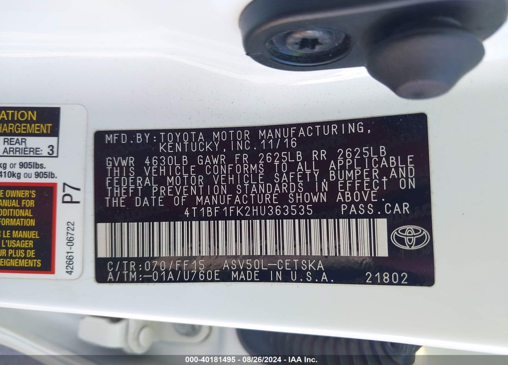 2017 TOYOTA CAMRY SE VIN: 4T1BF1FK2HU363535