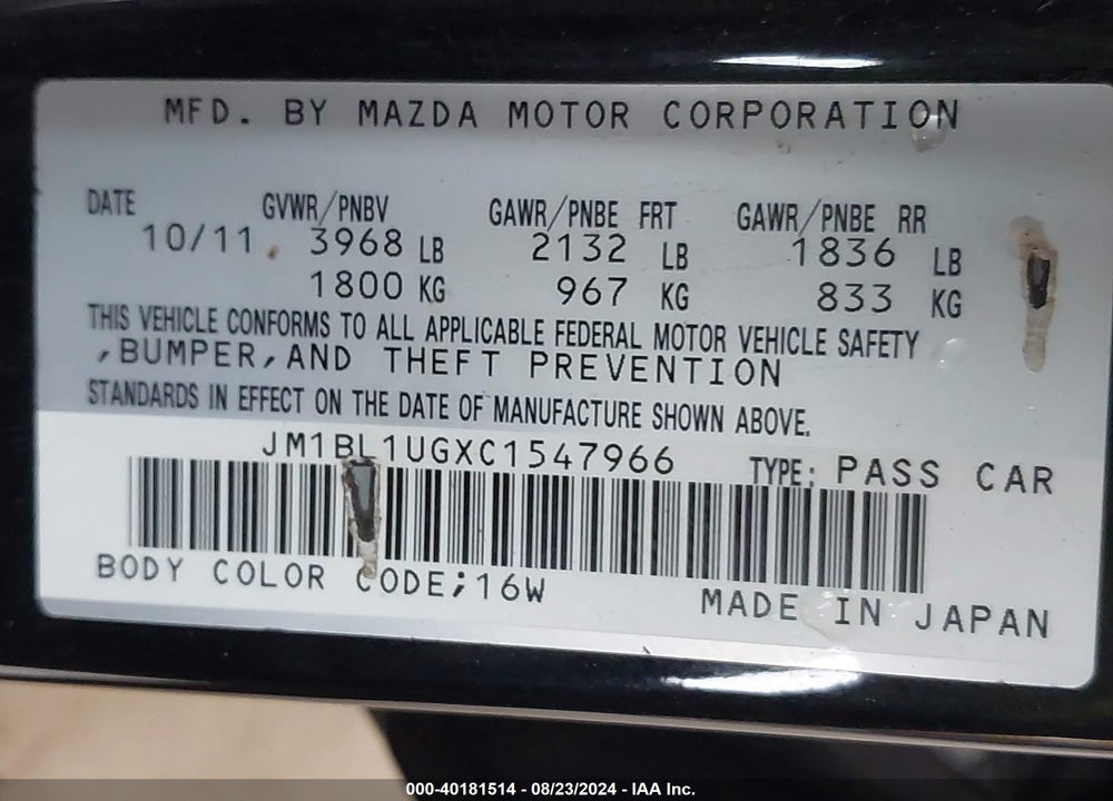 2012 MAZDA 3 I SPORT VIN: JM1BL1UGXC1547966