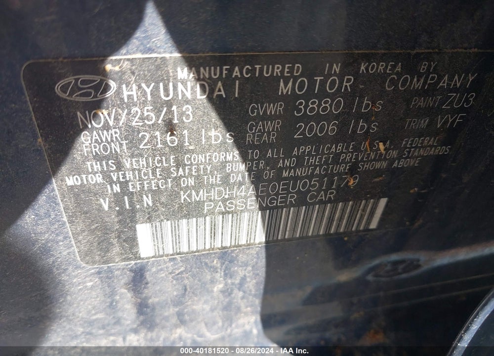 2014 HYUNDAI ELANTRA SE VIN: KMHDH4AE0EU051179