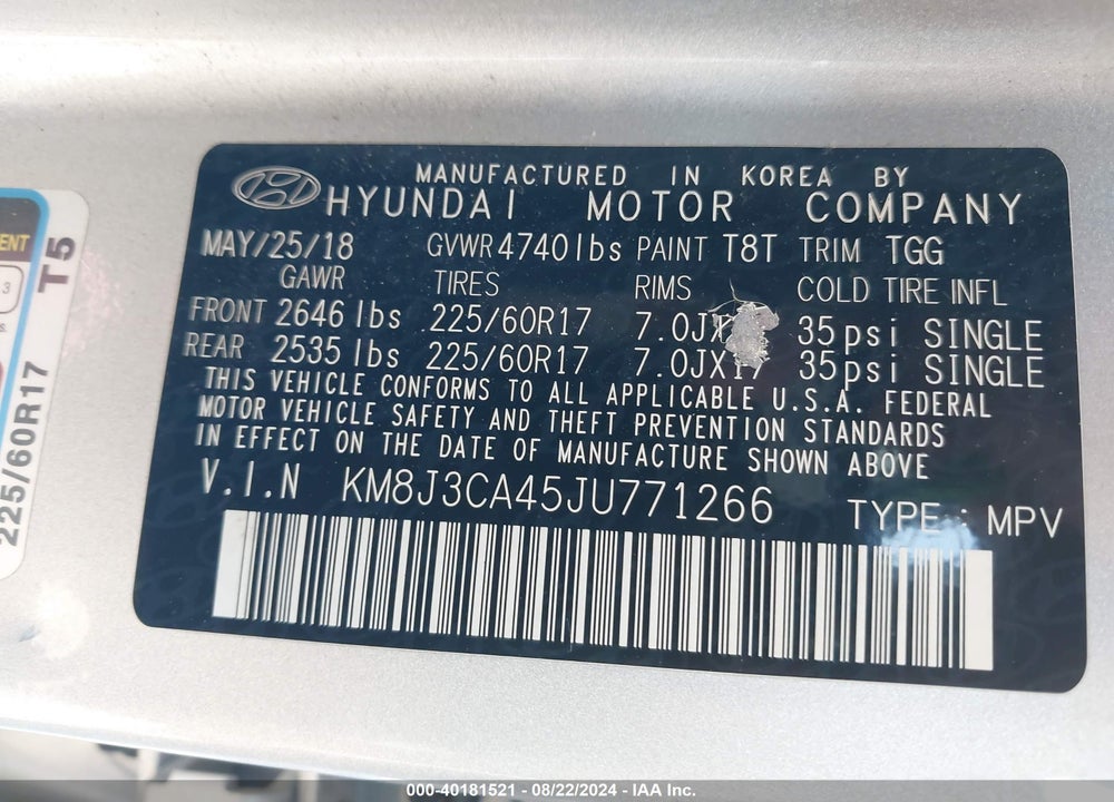 2018 HYUNDAI TUCSON SEL VIN: KM8J3CA45JU771266