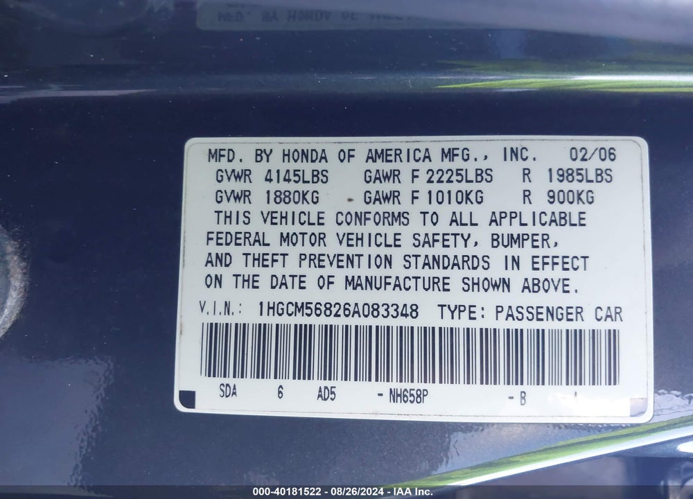 2006 HONDA ACCORD VIN: 1HGCM56826A083348