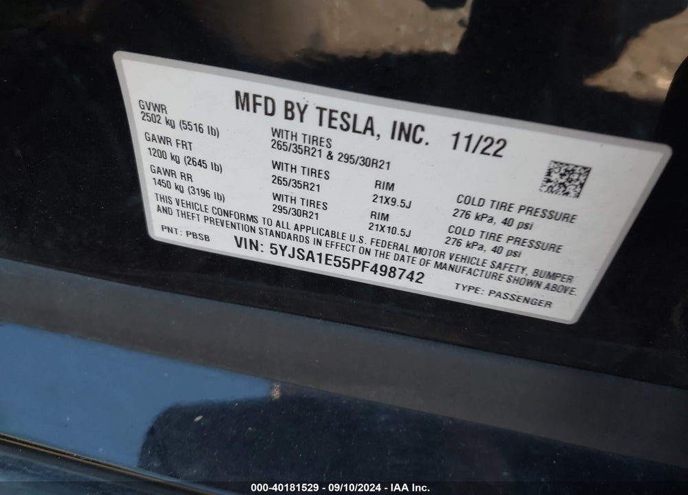 2023 TESLA MODEL S DUAL MOTOR ALL-WHEEL DRIVE/STANDARD RANGE VIN: 5YJSA1E55PF498742