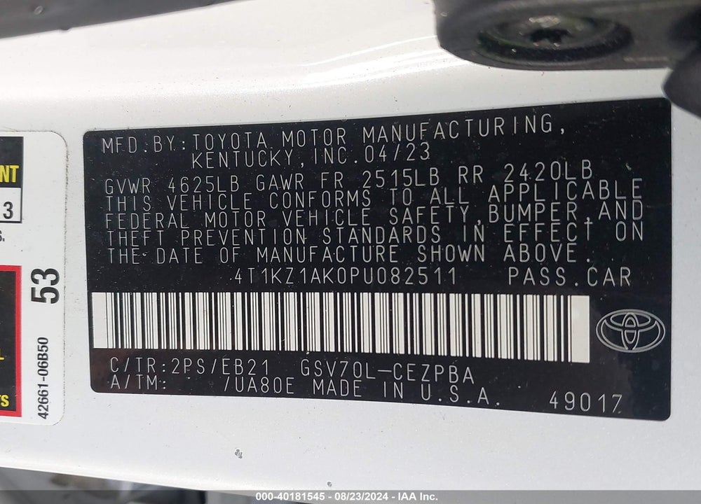 2023 TOYOTA CAMRY TRD VIN: 4T1KZ1AK0PU082511