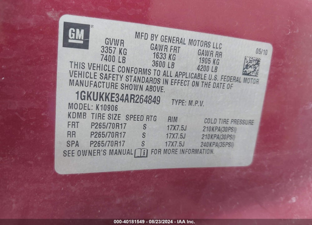 2010 GMC YUKON XL 1500 VIN: 1GKUKKE34AR264849
