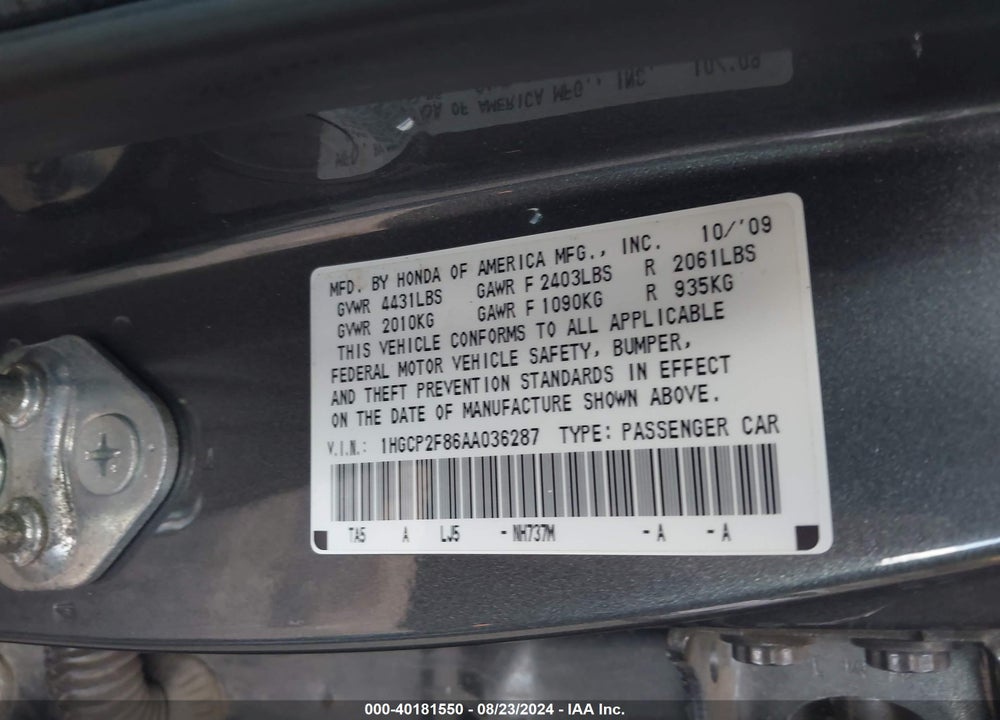 2010 HONDA ACCORD SDN 2.4 EX-L/EX-L VIN: 1HGCP2F86AA036287