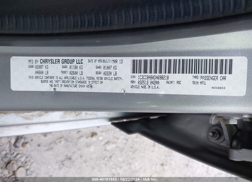 2013 CHRYSLER 200 LX VIN: 1C3CCBAB0DN698218