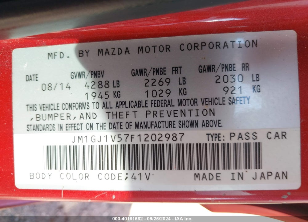 2015 MAZDA MAZDA6 VIN: JM1GJ1V57F1202987