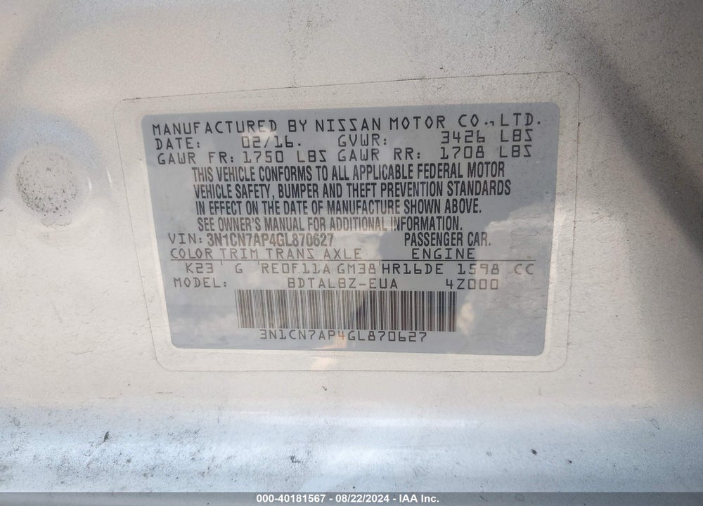 2016 NISSAN VERSA 1.6 SV VIN: 3N1CN7AP4GL870627