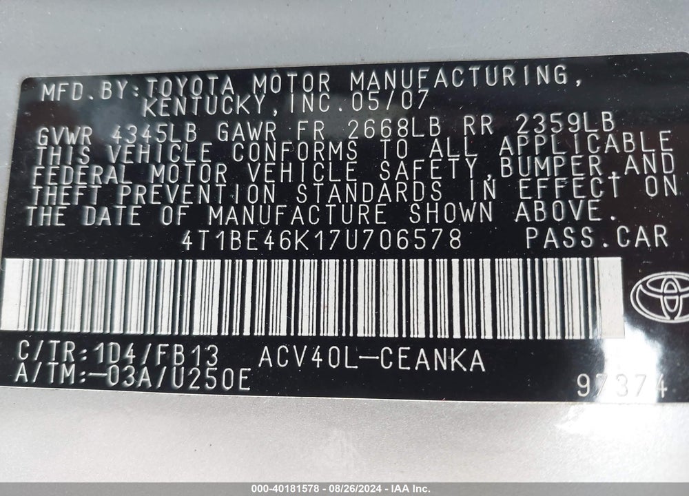 2007 TOYOTA CAMRY LE VIN: 4T1BE46K17U706578