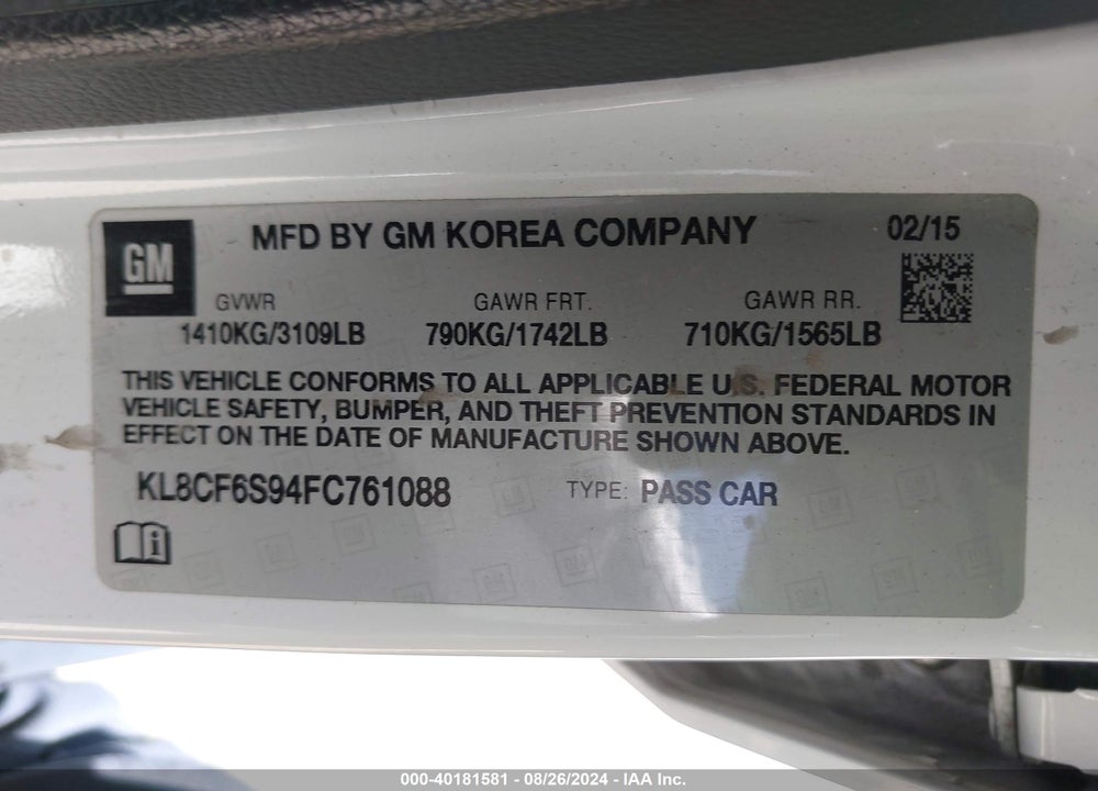 2015 CHEVROLET SPARK 2LT CVT VIN: KL8CF6S94FC761088