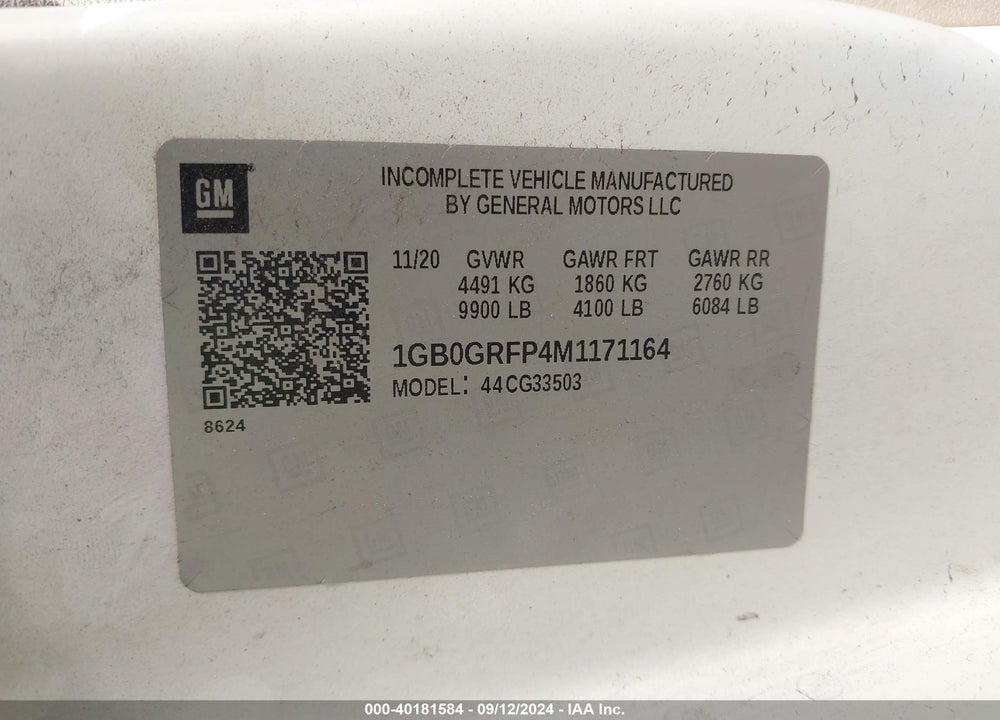 2021 CHEVROLET EXPRESS CUTAWAY WORK VAN VIN: 1GB0GRFP4M1171164