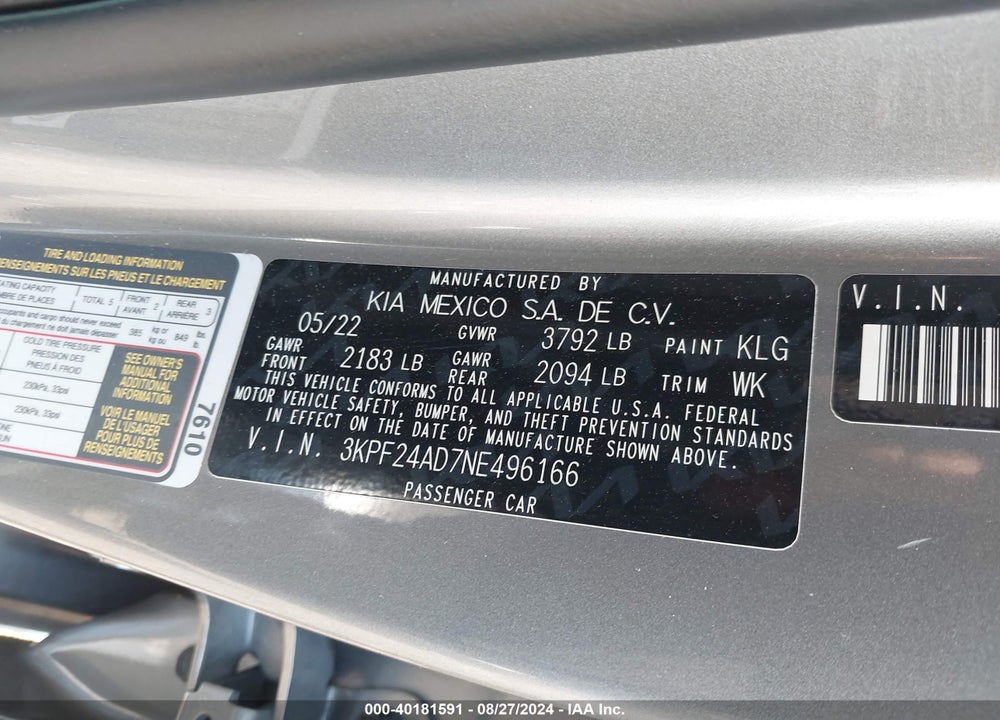 2022 KIA FORTE LXS VIN: 3KPF24AD7NE496166