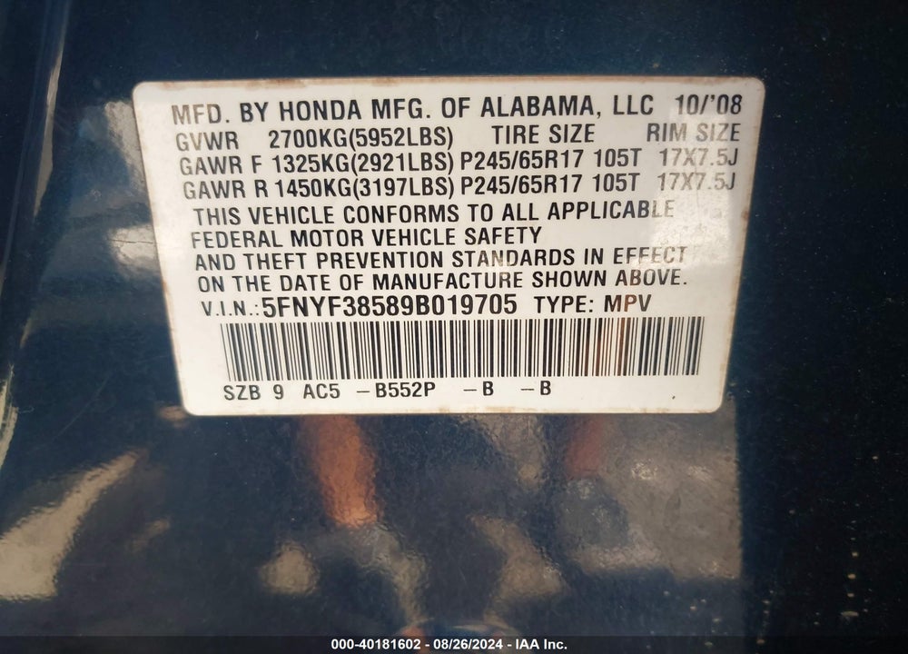 2009 HONDA PILOT EX-L VIN: 5FNYF38589B019705