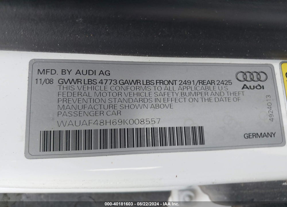 2009 AUDI A4 2.0T SPECIAL EDITION VIN: WAUAF48H69K008557