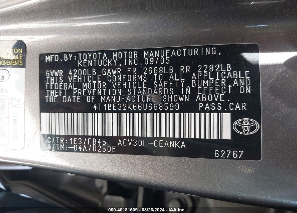 2006 TOYOTA CAMRY VIN: 4T1BE32K66U668599