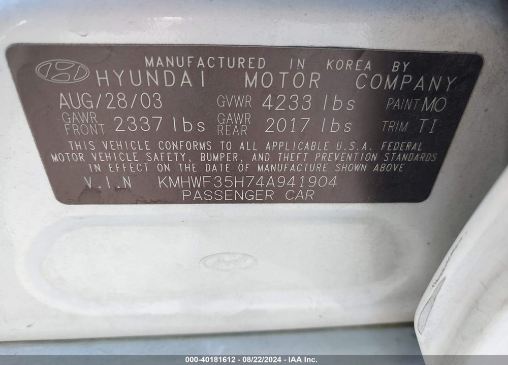 2004 HYUNDAI SONATA GLS/LX VIN: KMHWF35H74A941904