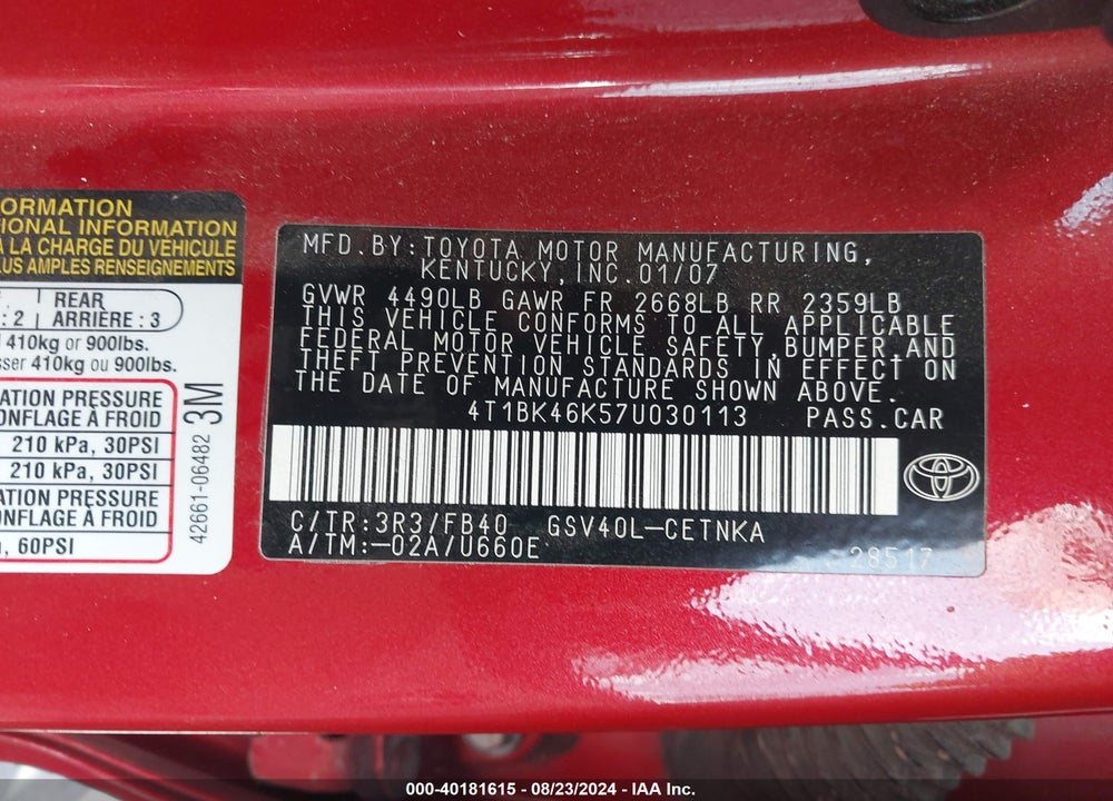 2007 TOYOTA CAMRY LE V6 VIN: 4T1BK46K57U030113
