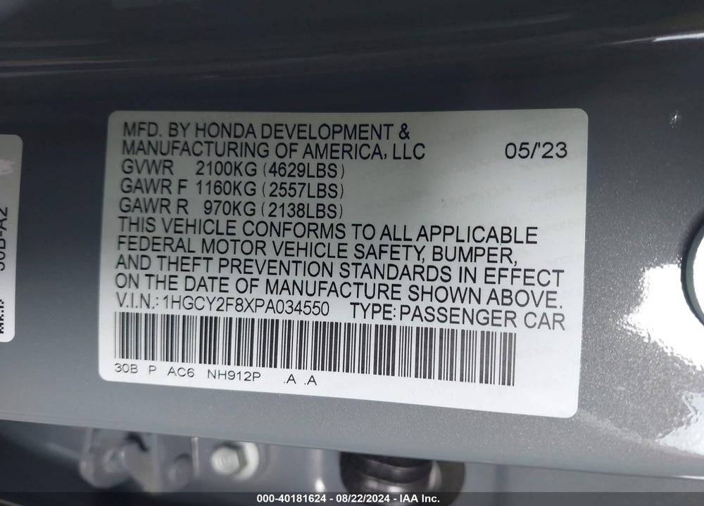 2023 HONDA ACCORD HYBRID TOURING VIN: 1HGCY2F8XPA034550