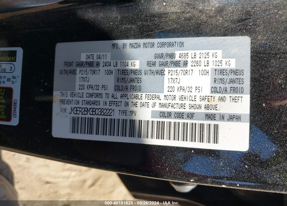 2011 MAZDA CX-7 I SPORT VIN: JM3ER2BM3B0382221