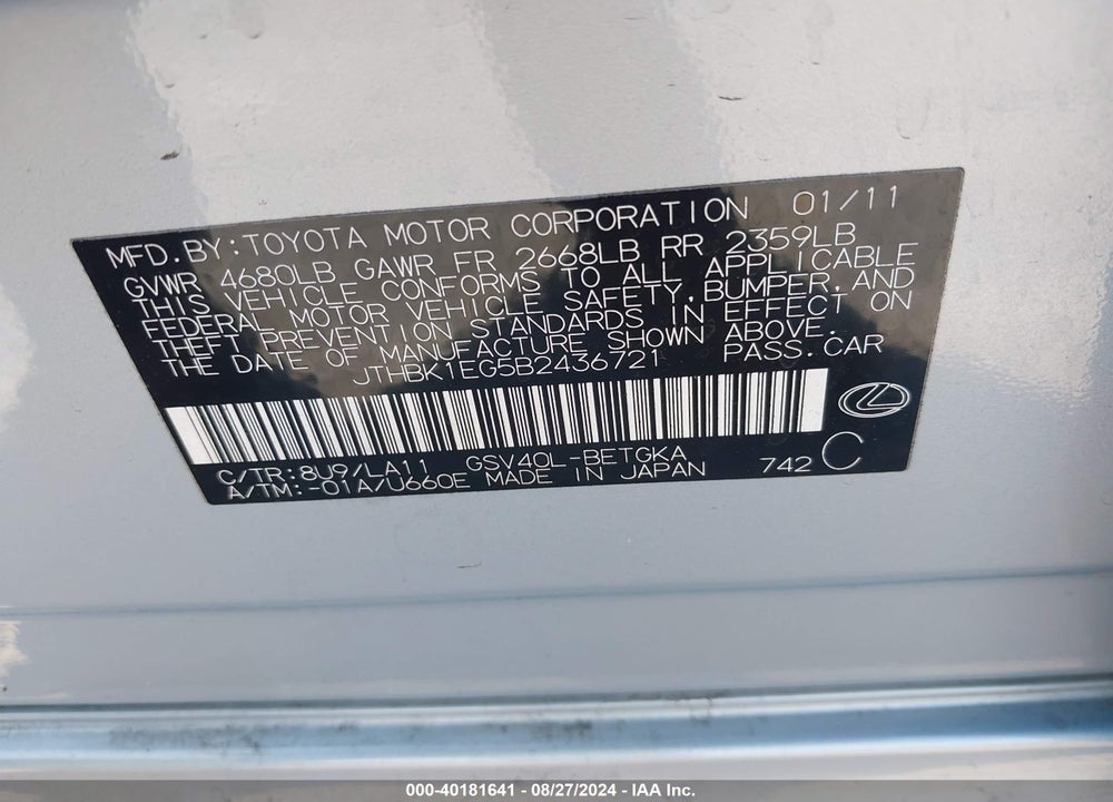 2011 LEXUS ES 350 VIN: JTHBK1EG5B2436721