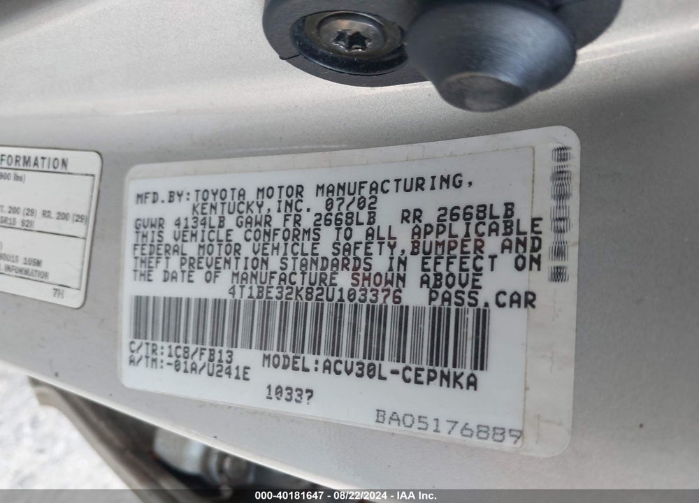 2002 TOYOTA CAMRY LE VIN: 4T1BE32K82U103376