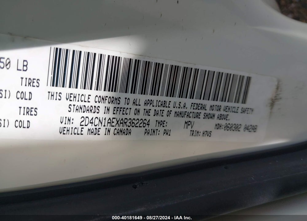 2010 DODGE GRAND CARAVAN C/V VIN: 2D4CN1AEXAR362264