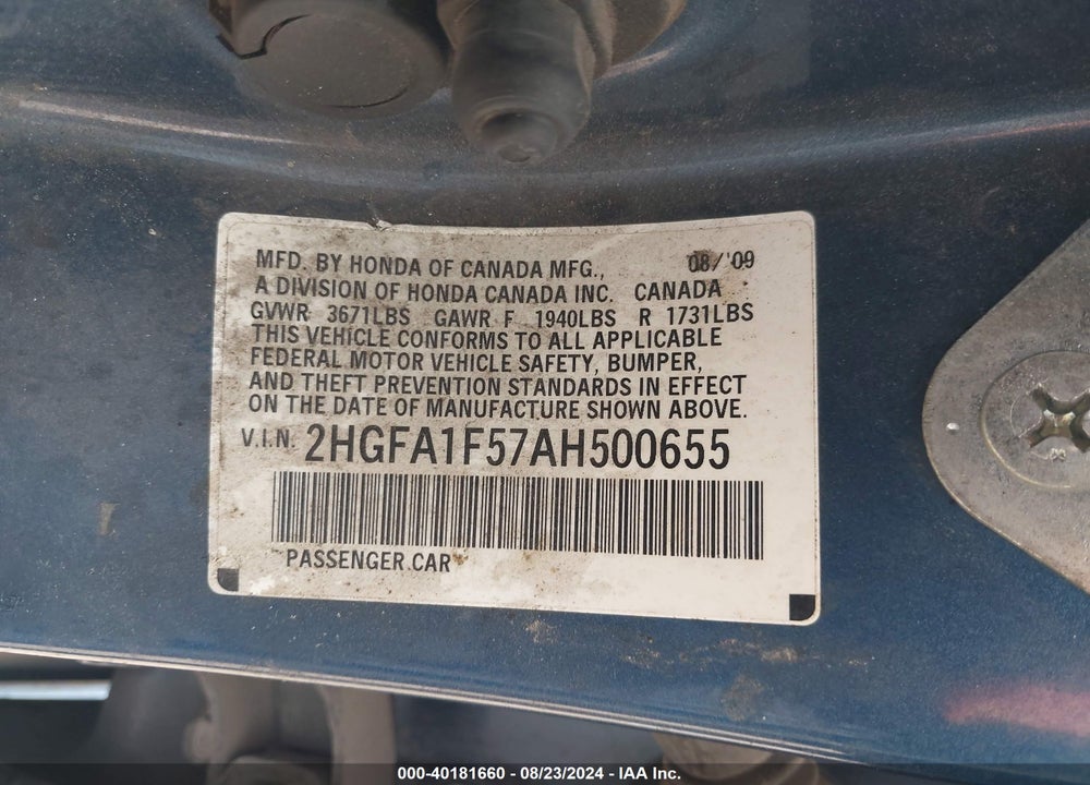 2010 HONDA CIVIC VIN: 2HGFA1F57AH500655