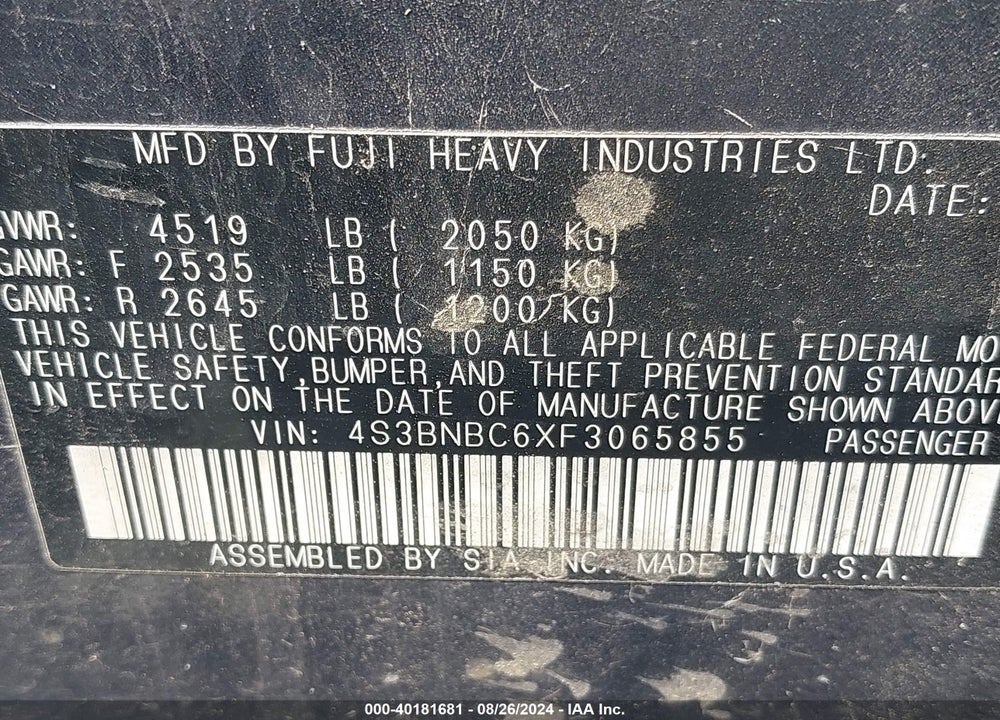 2015 SUBARU LEGACY 2.5I PREMIUM VIN: 4S3BNBC6XF3065855