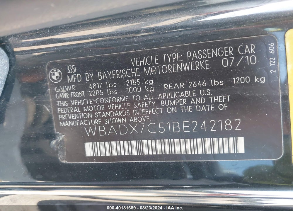 2011 BMW 335I VIN: WBADX7C51BE242182