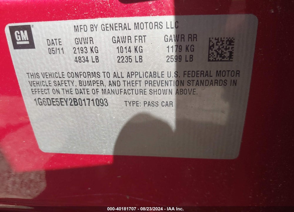 2011 CADILLAC CTS LUXURY VIN: 1G6DE5EY2B0171093