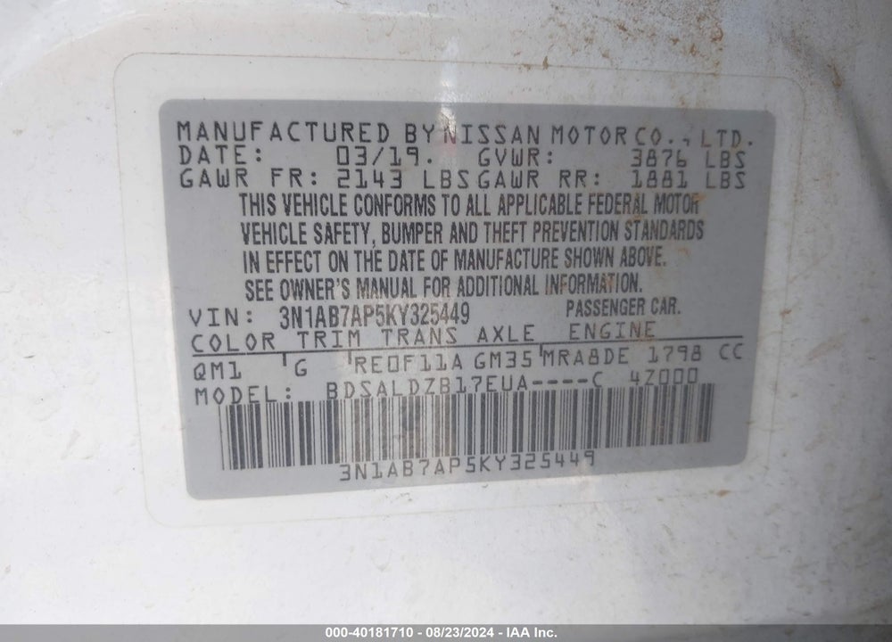 2019 NISSAN SENTRA SV VIN: 3N1AB7AP5KY325449