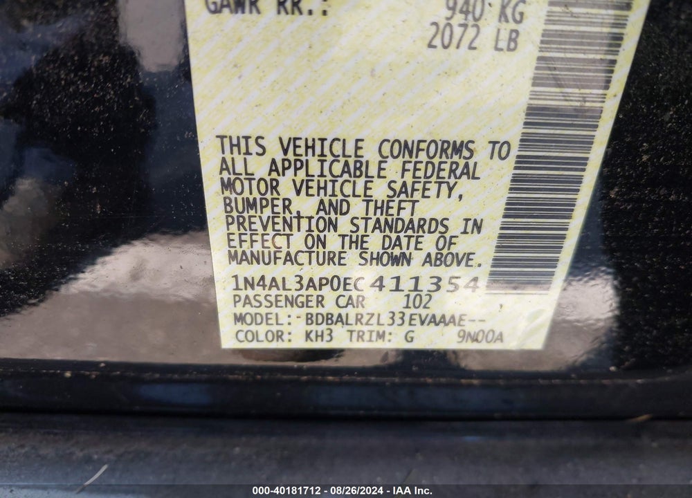 2014 NISSAN ALTIMA 2.5/2.5 S/2.5 SL/2.5 SV VIN: 1N4AL3AP0EC411354