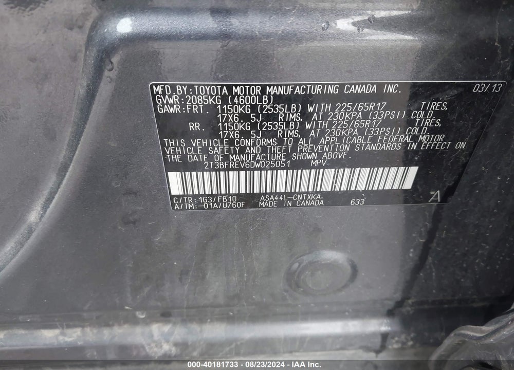 2013 TOYOTA RAV4 VIN: 2T3BFREV6DW025051