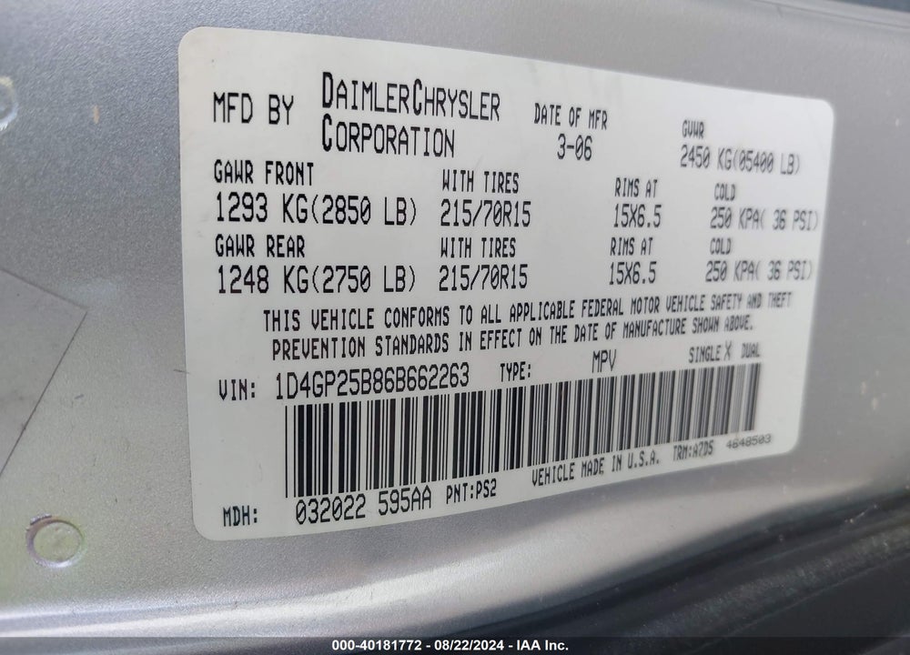 2006 DODGE CARAVAN SE VIN: 1D4GP25B86B662263