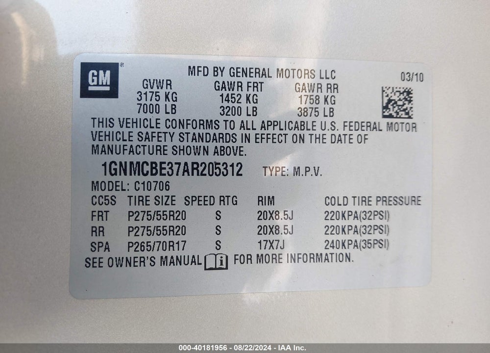 2010 CHEVROLET TAHOE VIN: 1GNMCBE37AR205312