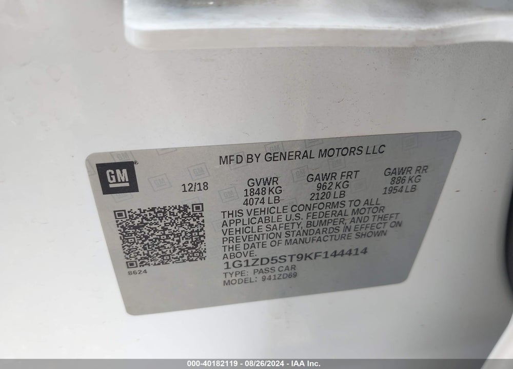 2019 CHEVROLET MALIBU LT VIN: 1G1ZD5ST9KF144414