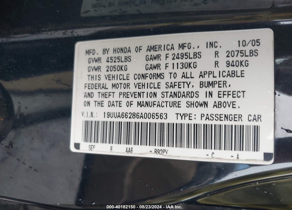 2006 ACURA TL VIN: 19UUA66286A006563