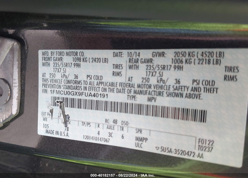 2015 FORD ESCAPE SE VIN: 1FMCU0GX9FUA40191