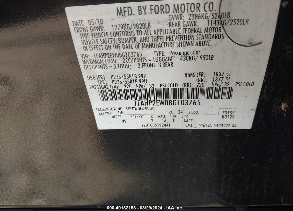 2011 FORD TAURUS SEL VIN: 1FAHP2EW0BG103765