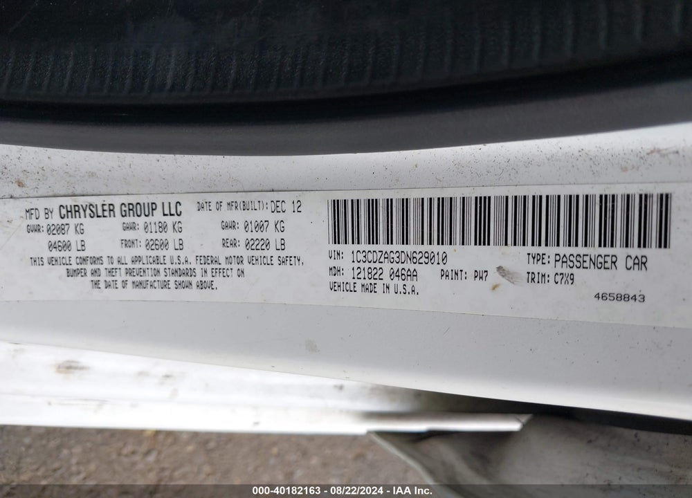2013 DODGE AVENGER SE V6 VIN: 1C3CDZAG3DN629010