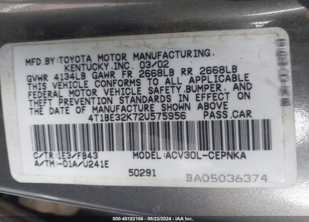2002 TOYOTA CAMRY LE VIN: 4T1BE32K72U575956