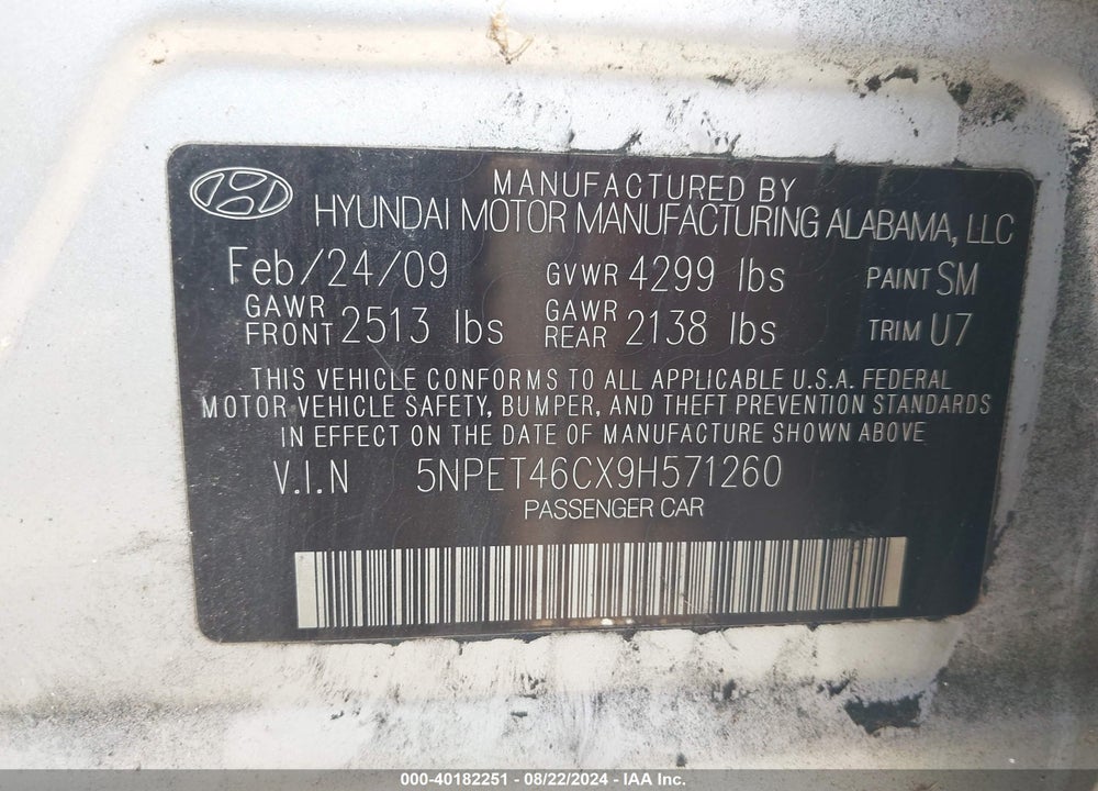 2009 HYUNDAI SONATA GLS VIN: 5NPET46CX9H571260